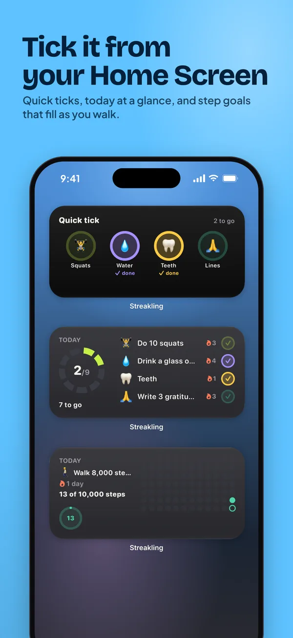 Quick tick, Today and step goal widgets on the Home Screen