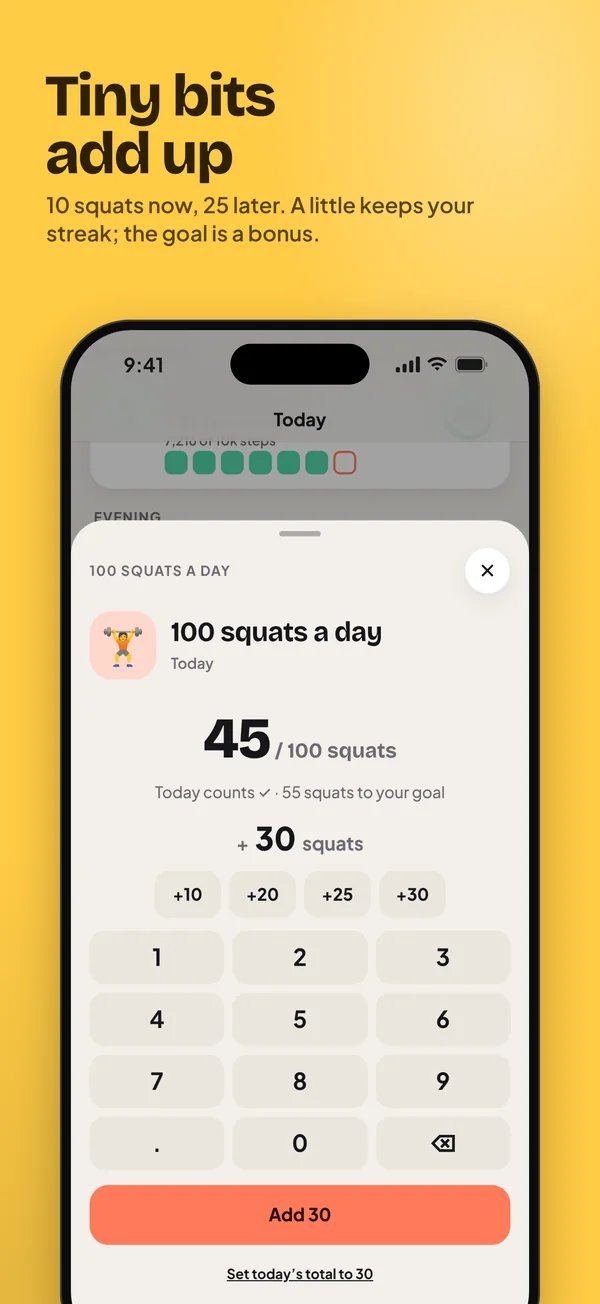 Amount habit: adding 30 squats towards a goal of 100 with the number pad