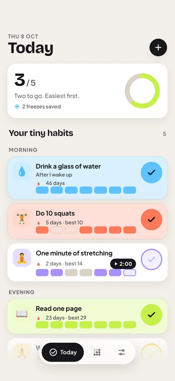 Streakling Today screen with five tiny habits and their streaks
